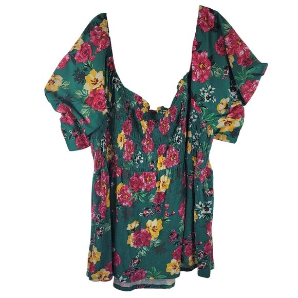 Torrid Green Red Yellow Smocked Floral Poplin Women's Blouse Top 6 NWT - Picture 4 of 7